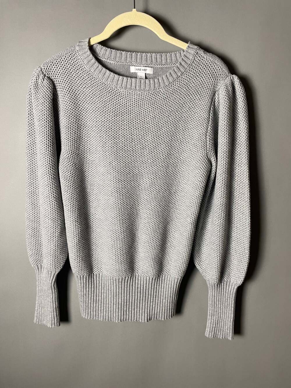 Nine West Womens Gray Puff Sleeve Textured Knit Sweater Size Medium
